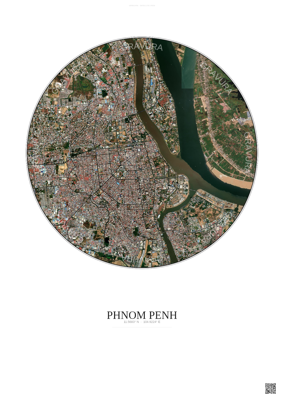 Affiche Phnom Penh – Poster vue satellite | Gravura – Fond clair