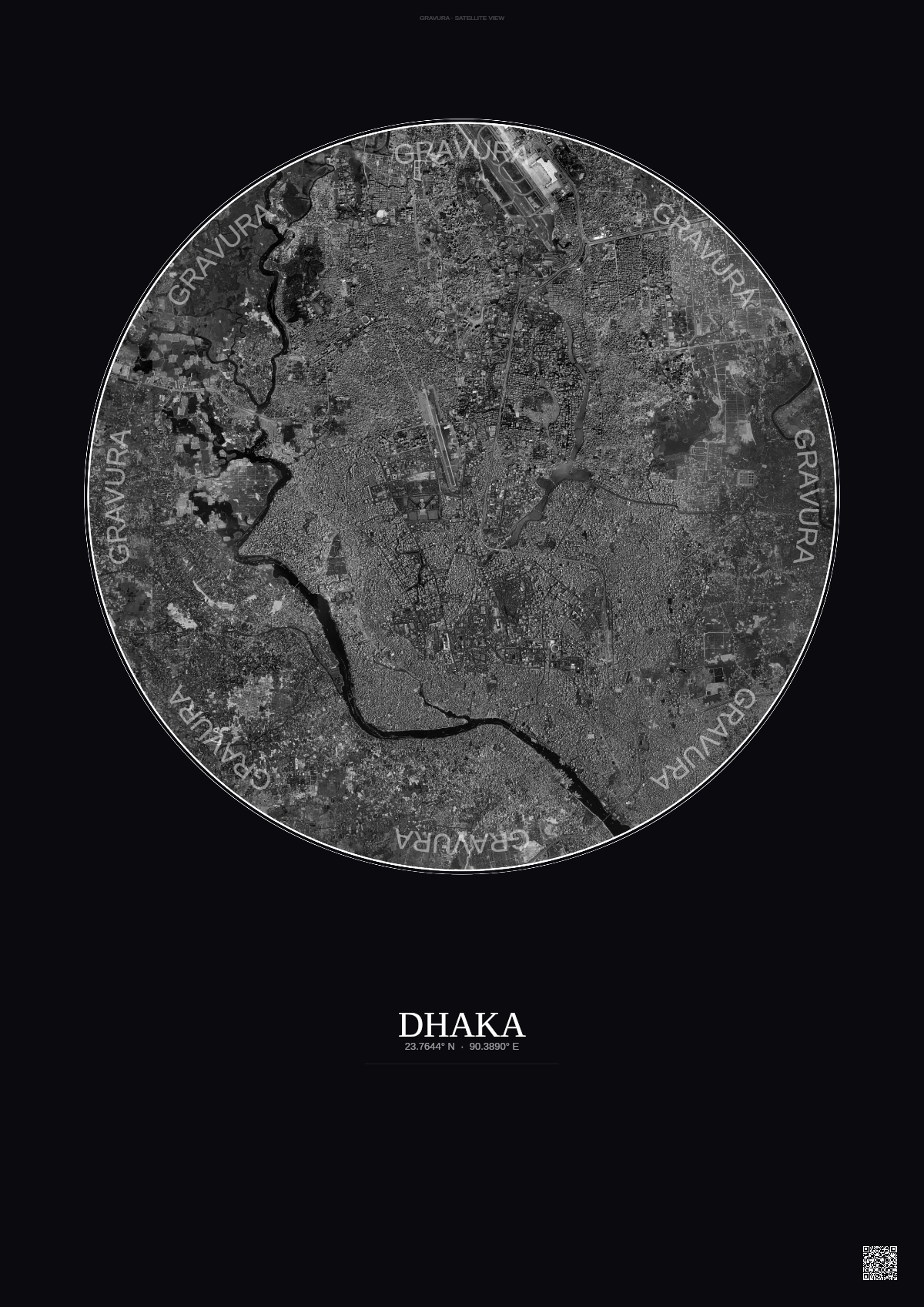 Affiche Dhaka – Poster vue satellite | Gravura – Fond foncé