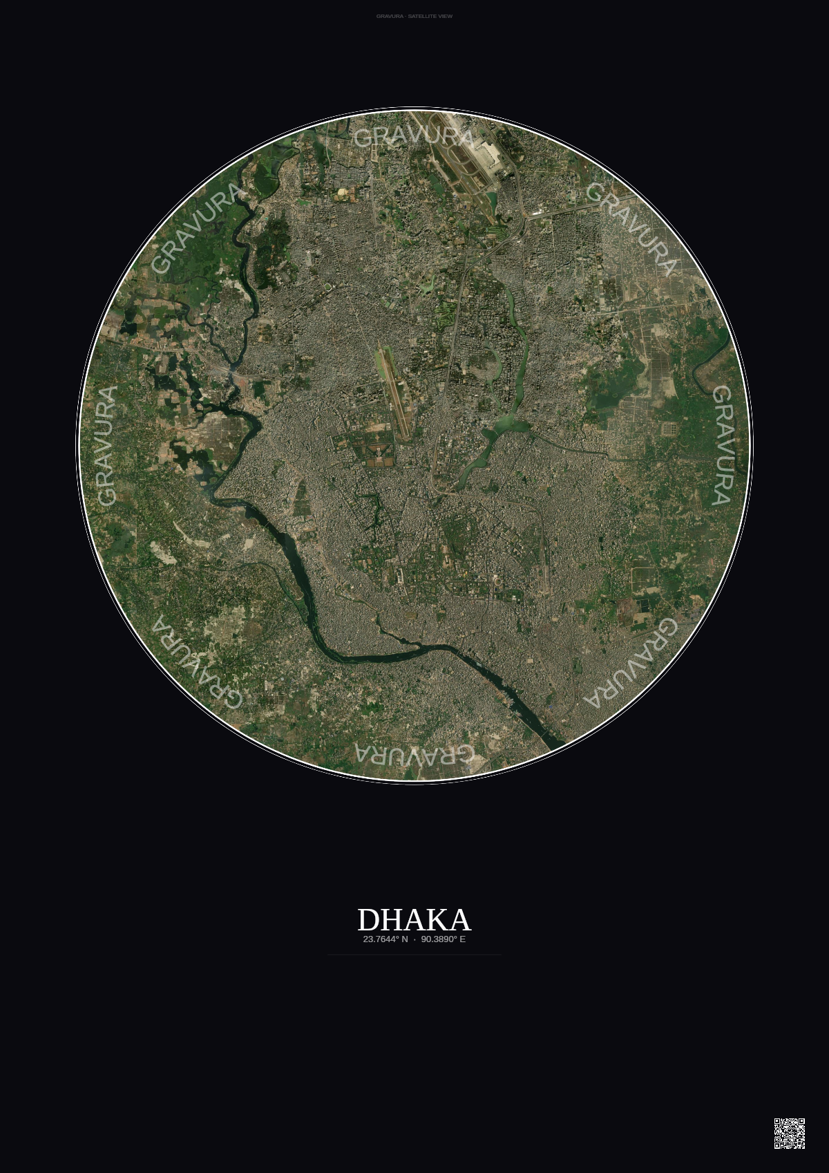 Affiche Dhaka – Poster vue satellite | Gravura – Fond foncé