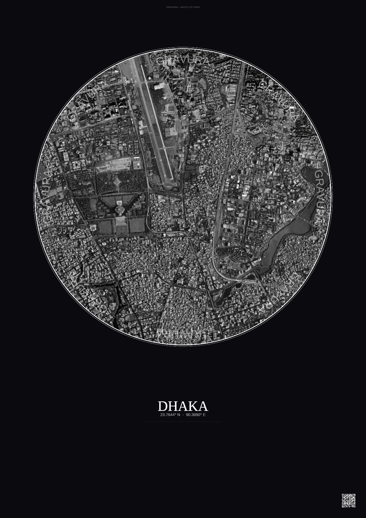 Affiche Dhaka – Poster vue satellite | Gravura – Fond foncé