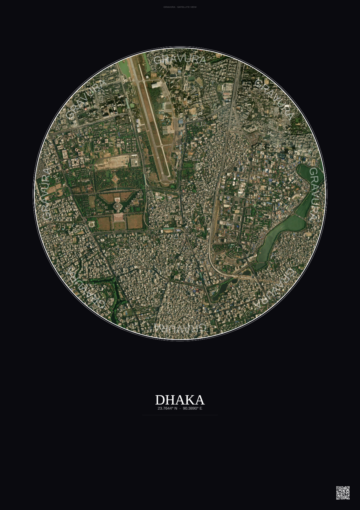 Affiche Dhaka – Poster vue satellite | Gravura – Fond foncé