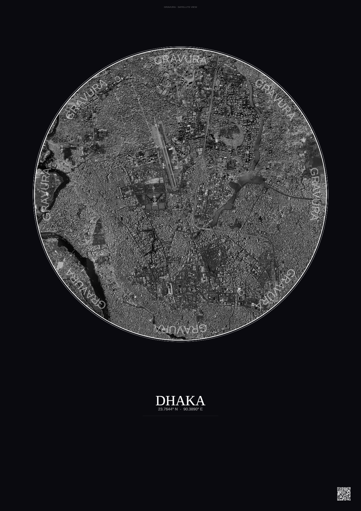 Affiche Dhaka – Poster vue satellite | Gravura – Fond foncé
