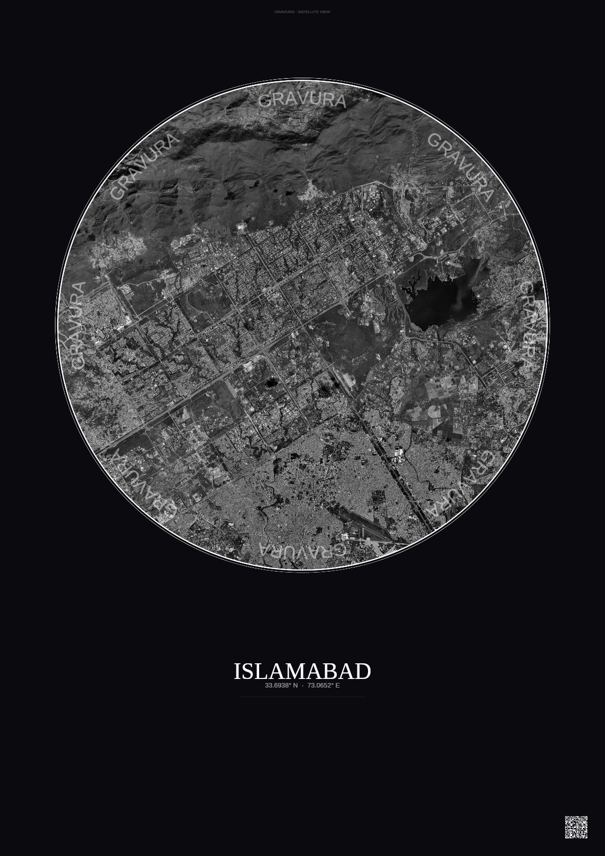 Affiche Islamabad – Poster vue satellite | Gravura – Fond foncé