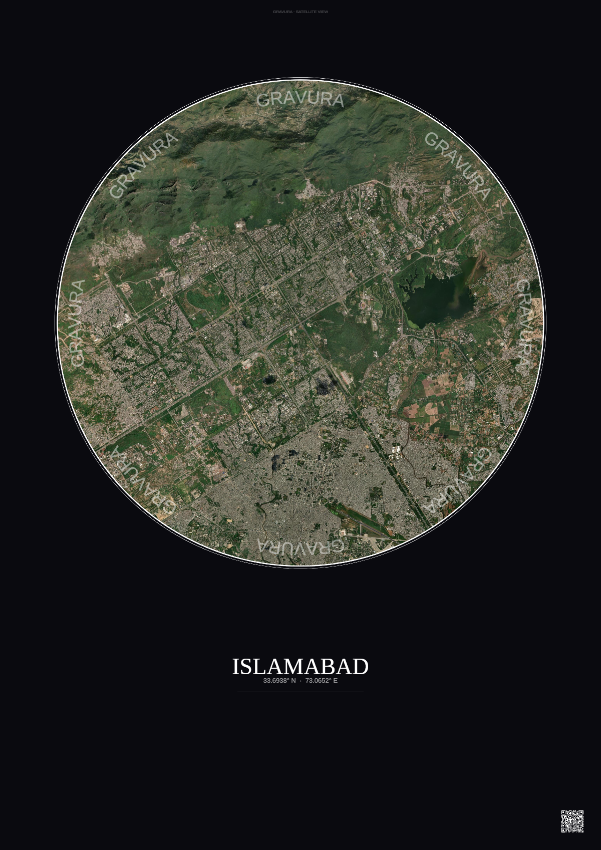 Affiche Islamabad – Poster vue satellite | Gravura – Fond foncé