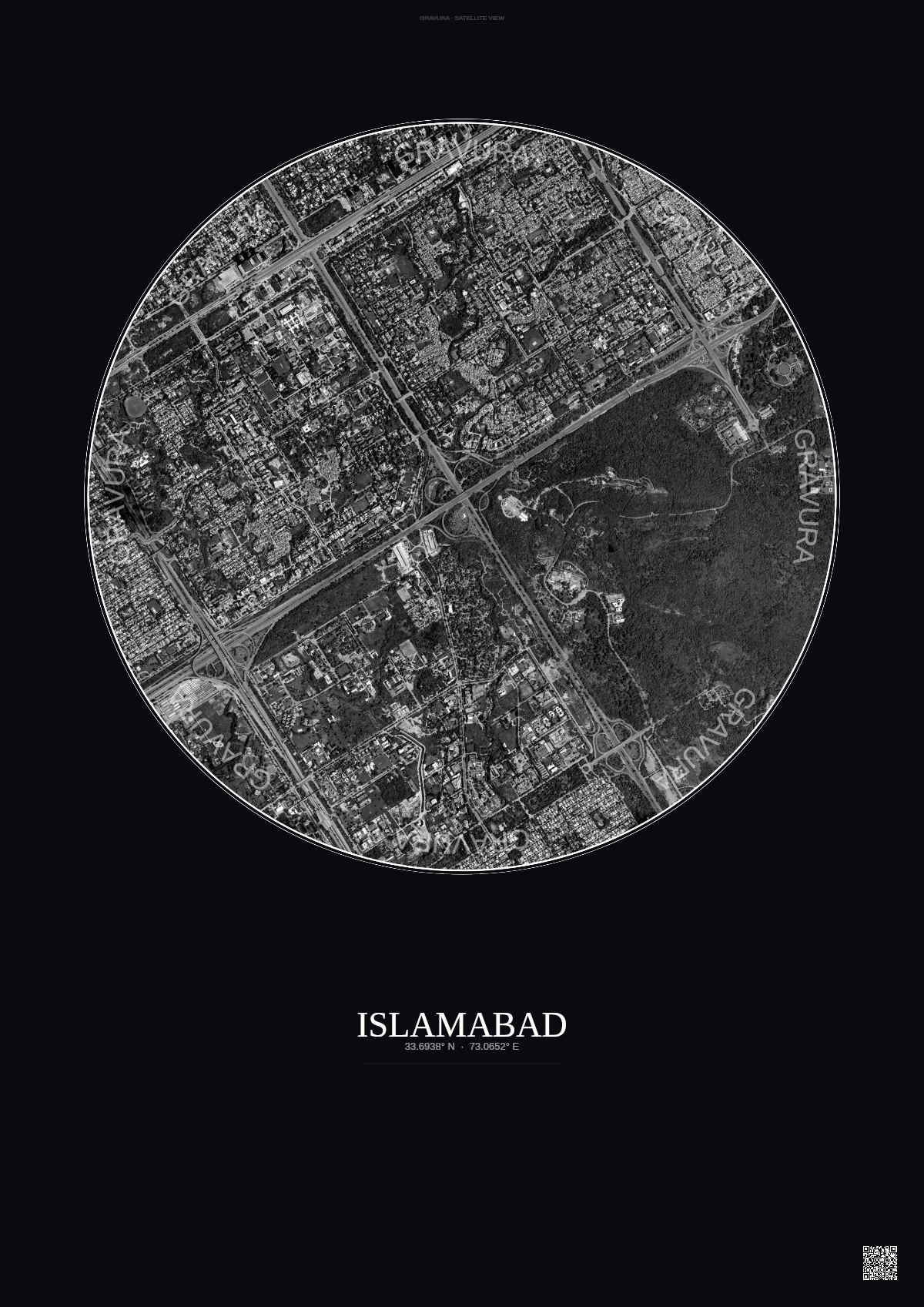 Affiche Islamabad – Poster vue satellite | Gravura – Fond foncé