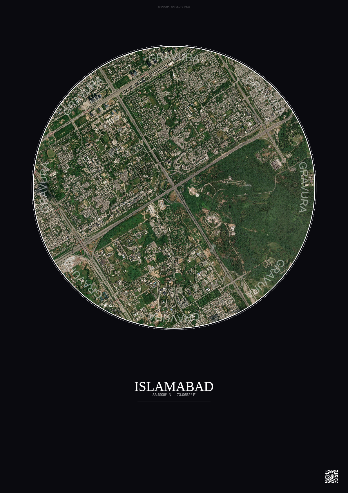Affiche Islamabad – Poster vue satellite | Gravura – Fond foncé