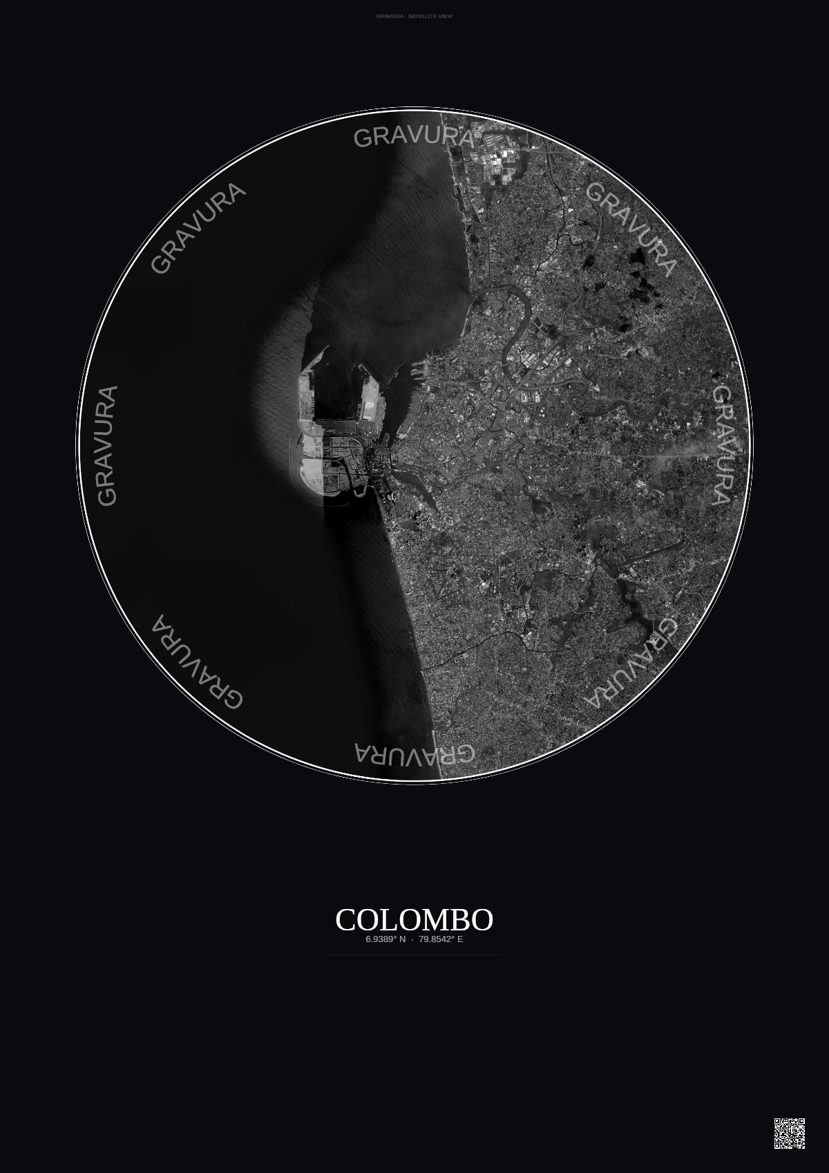 Affiche Colombo – Poster vue satellite | Gravura – Fond foncé