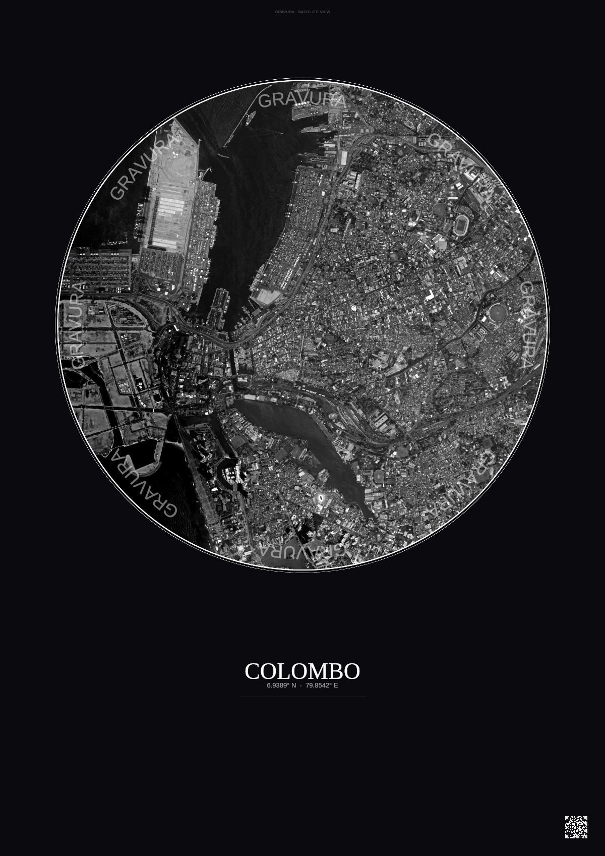 Affiche Colombo – Poster vue satellite | Gravura – Fond foncé