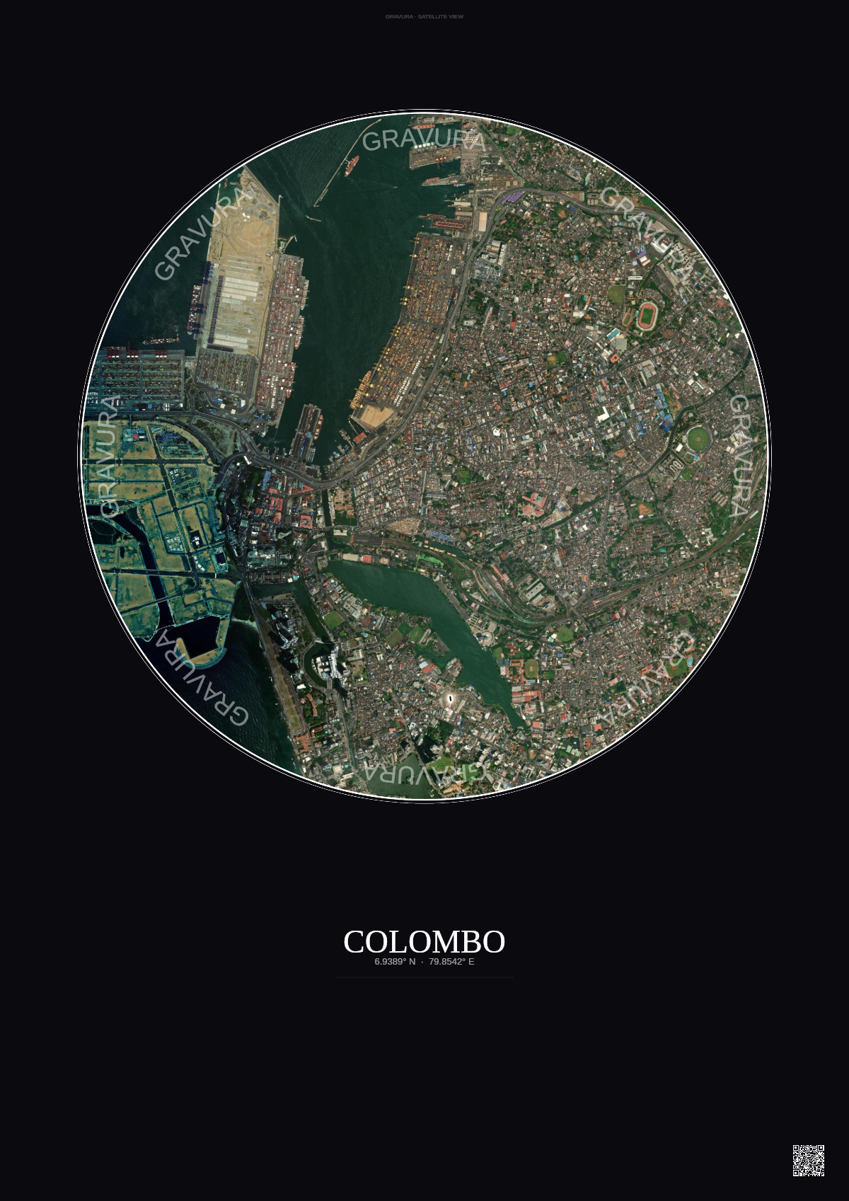 Affiche Colombo – Poster vue satellite | Gravura – Fond foncé