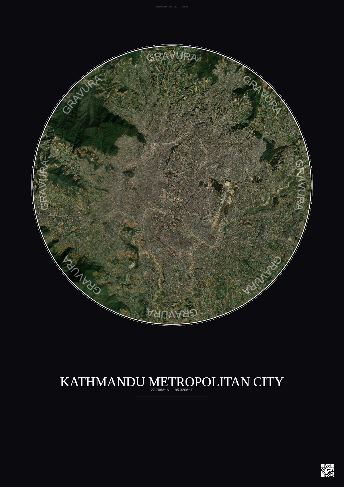 Affiche Kathmandu Metropolitan City – Poster vue satellite | Gravura – Fond foncé