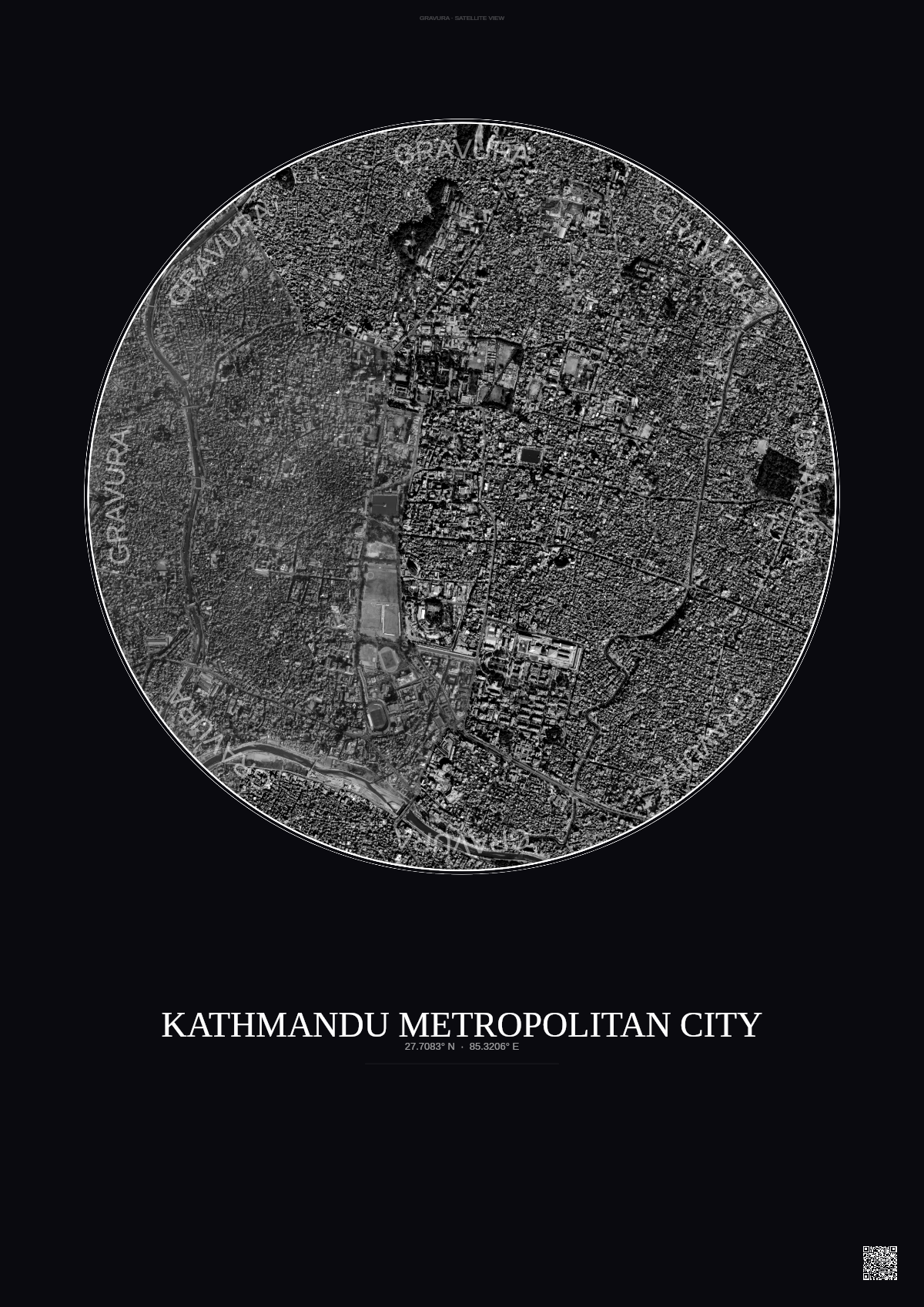 Affiche Kathmandu Metropolitan City – Poster vue satellite | Gravura – Fond foncé