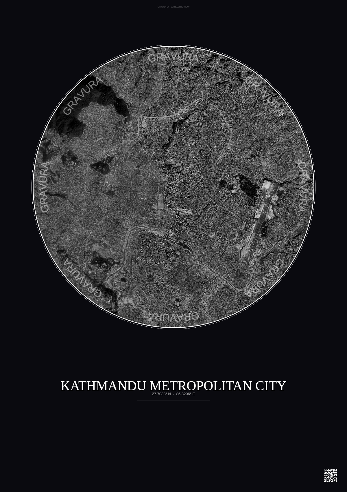 Affiche Kathmandu Metropolitan City – Poster vue satellite | Gravura – Fond foncé
