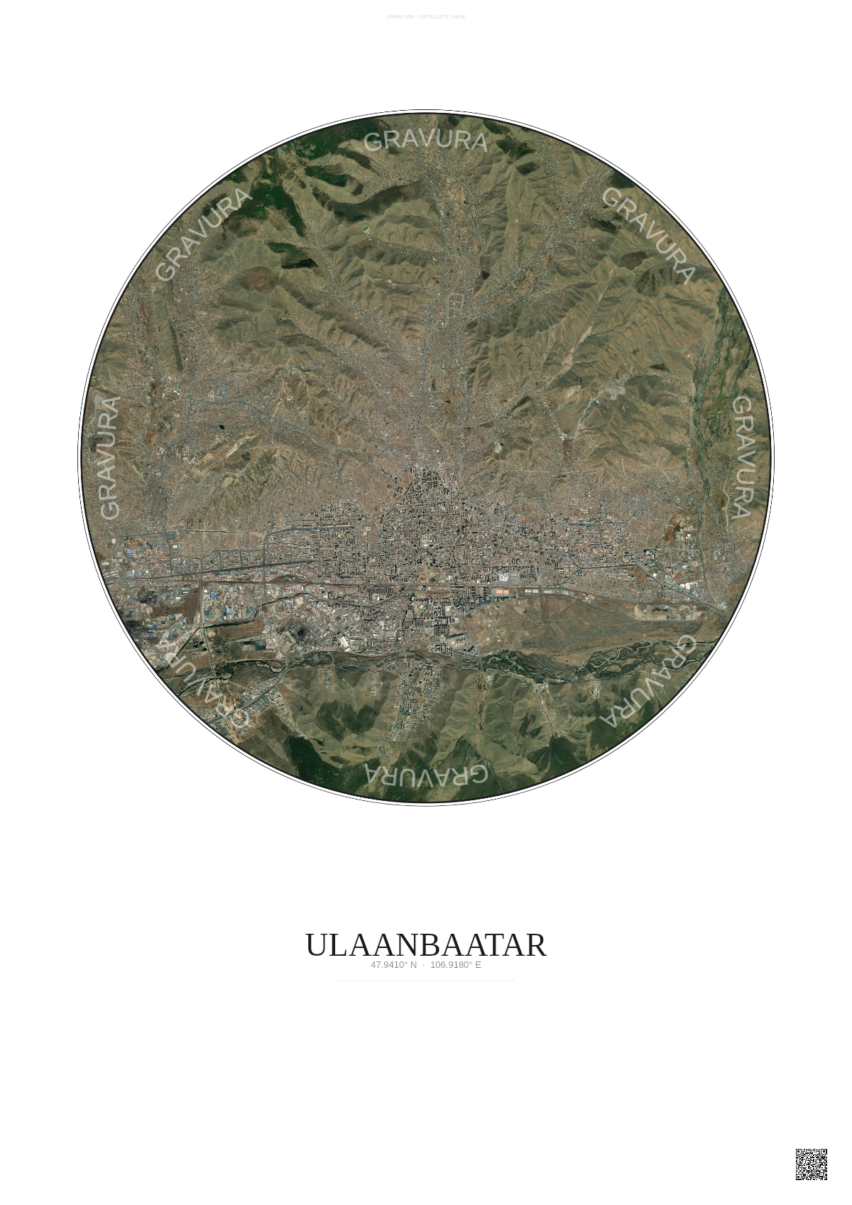 Affiche Ulaanbaatar – Poster vue satellite | Gravura – Fond clair
