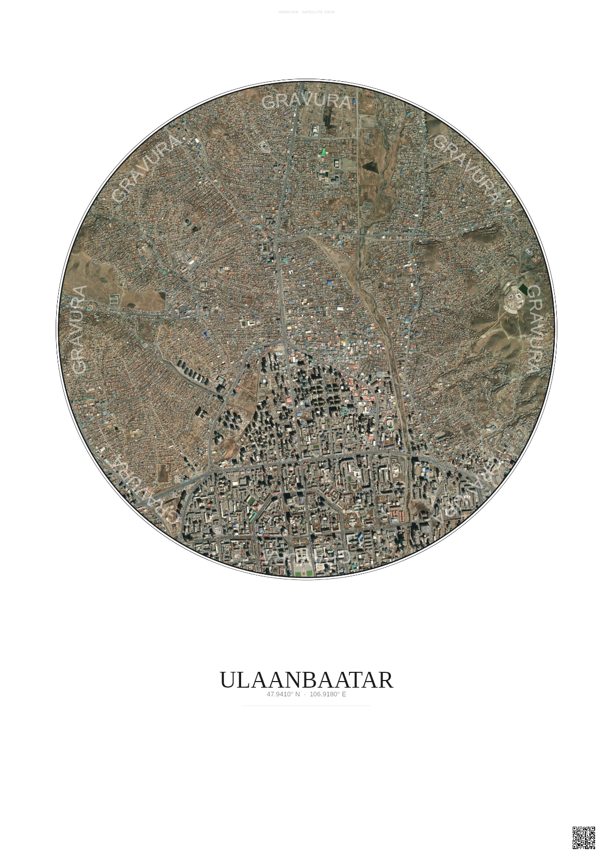 Affiche Ulaanbaatar – Poster vue satellite | Gravura – Fond clair