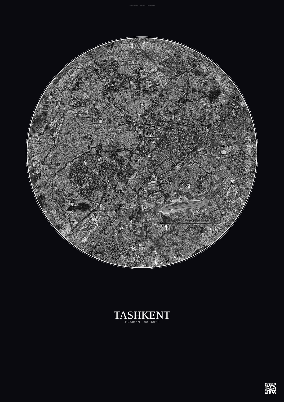 Affiche Tashkent – Poster vue satellite | Gravura – Fond foncé