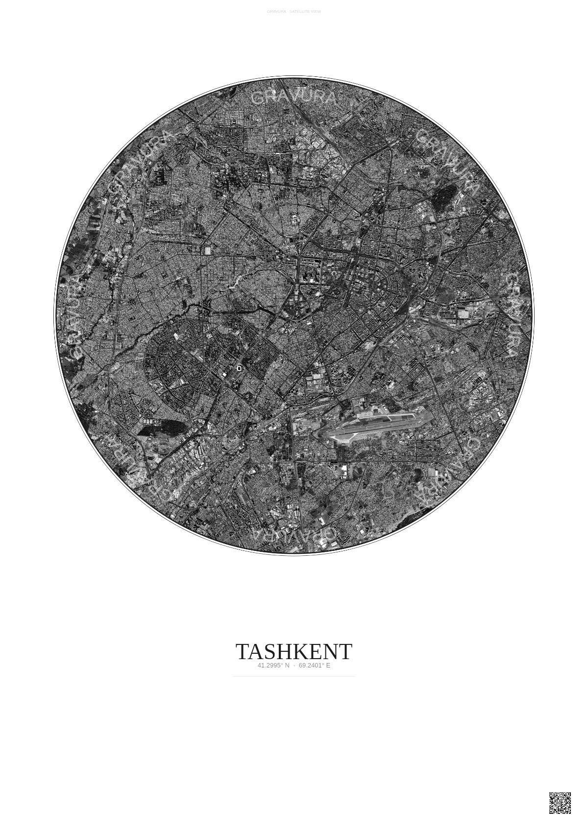 Affiche Tashkent – Poster vue satellite | Gravura – Fond clair