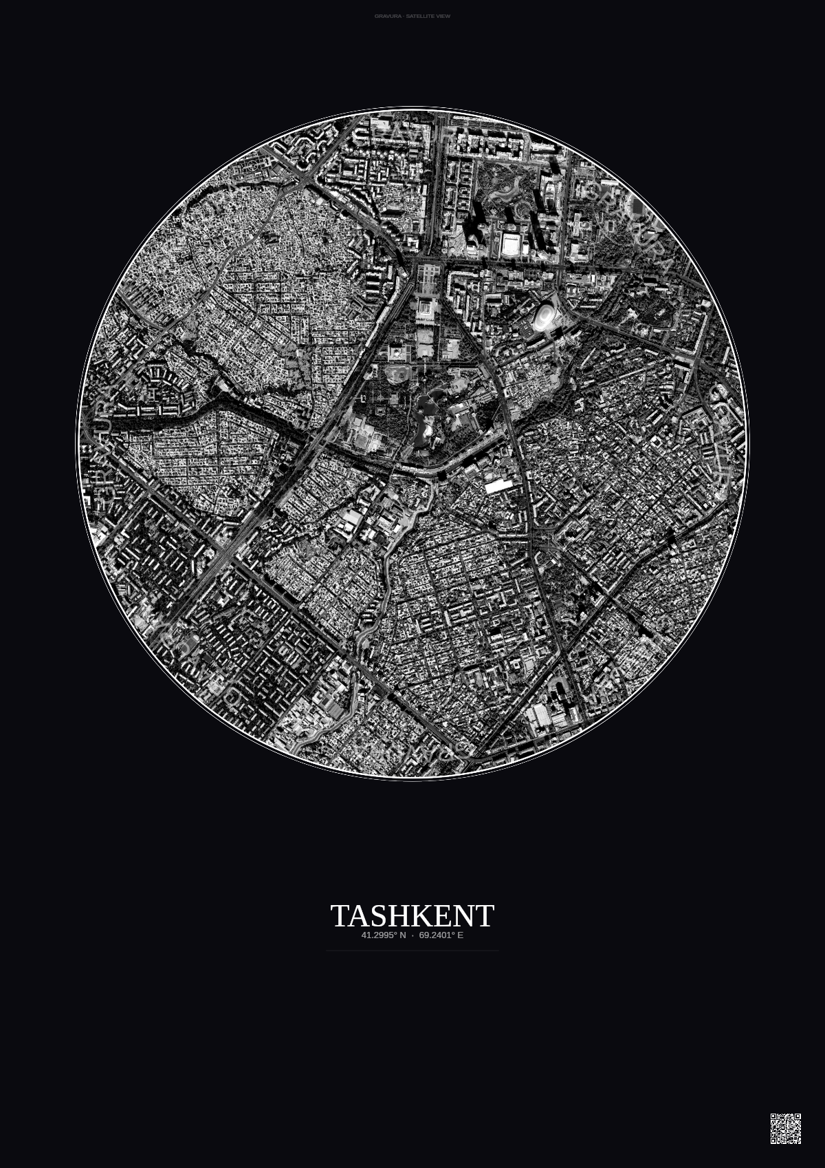 Affiche Tashkent – Poster vue satellite | Gravura – Fond foncé