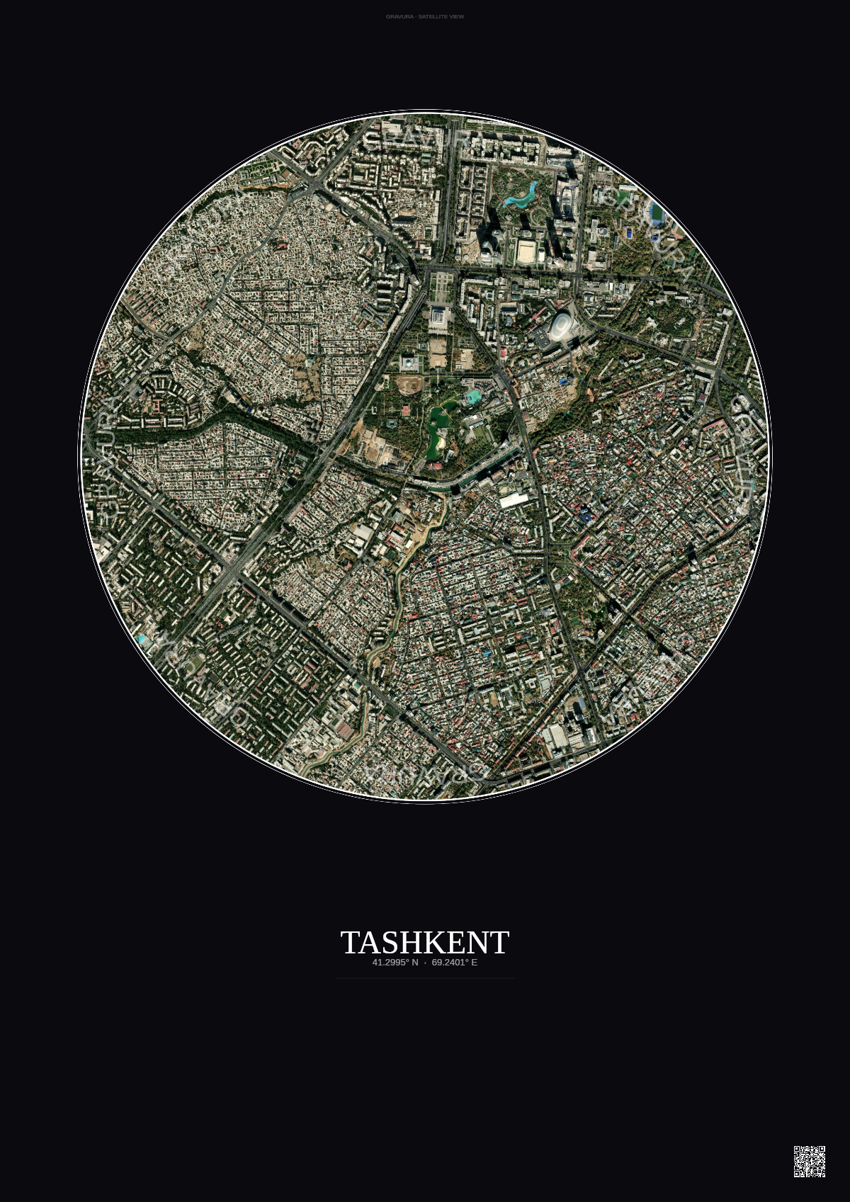 Affiche Tashkent – Poster vue satellite | Gravura – Fond foncé