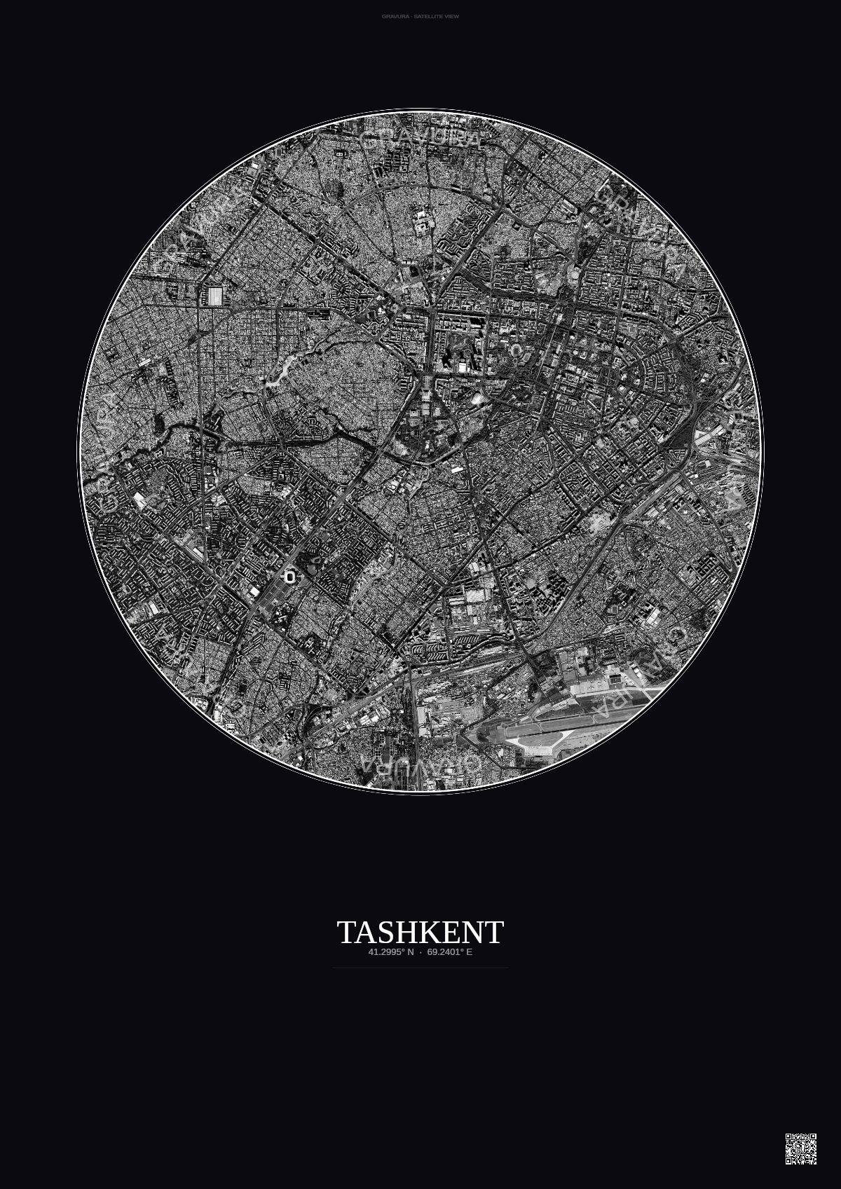 Affiche Tashkent – Poster vue satellite | Gravura – Fond foncé