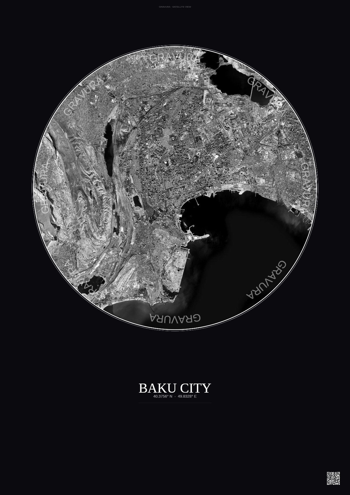 Affiche Baku City – Poster vue satellite | Gravura – Fond foncé