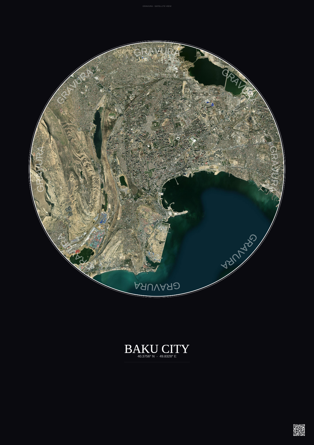 Affiche Baku City – Poster vue satellite | Gravura – Fond foncé