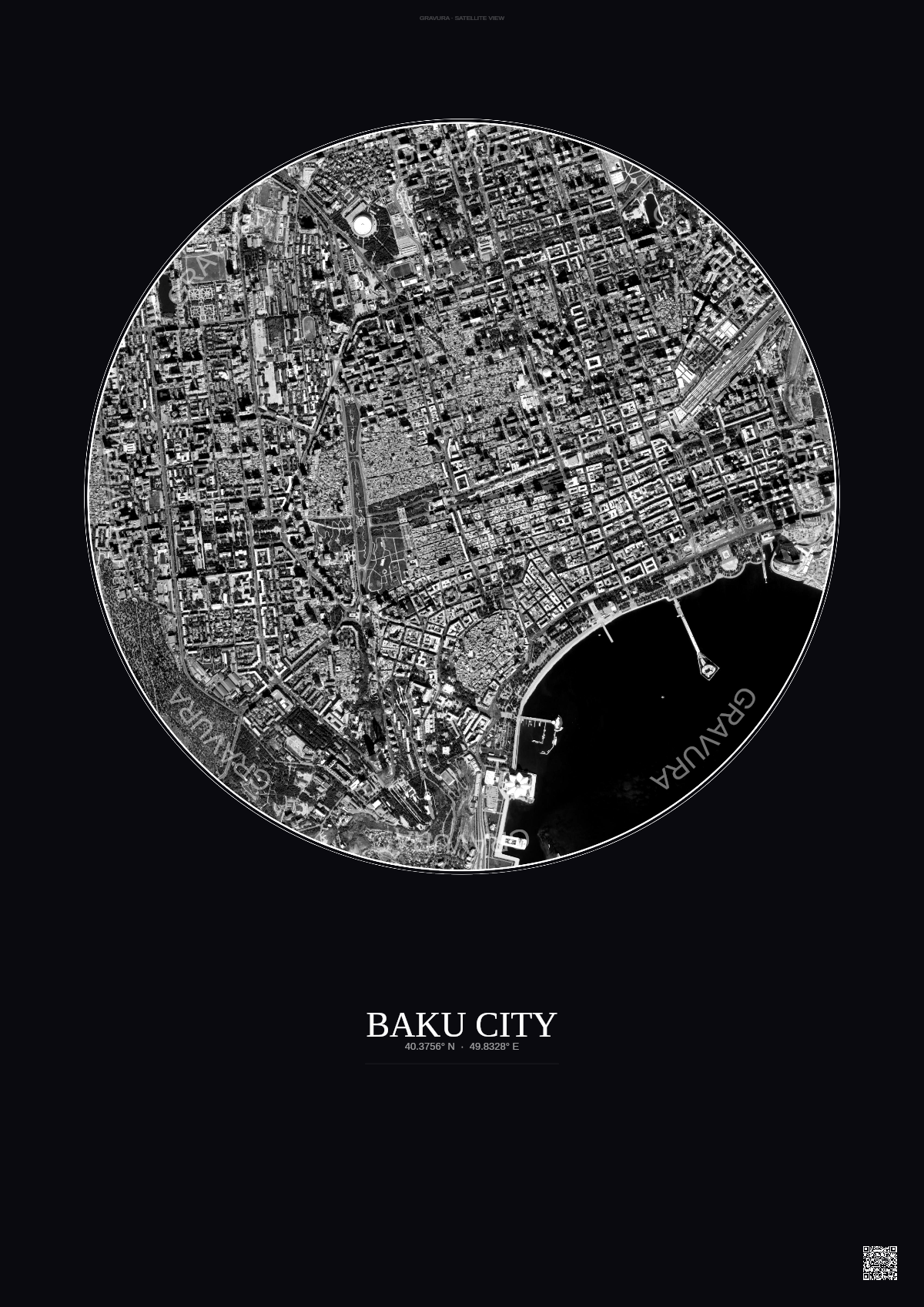 Affiche Baku City – Poster vue satellite | Gravura – Fond foncé