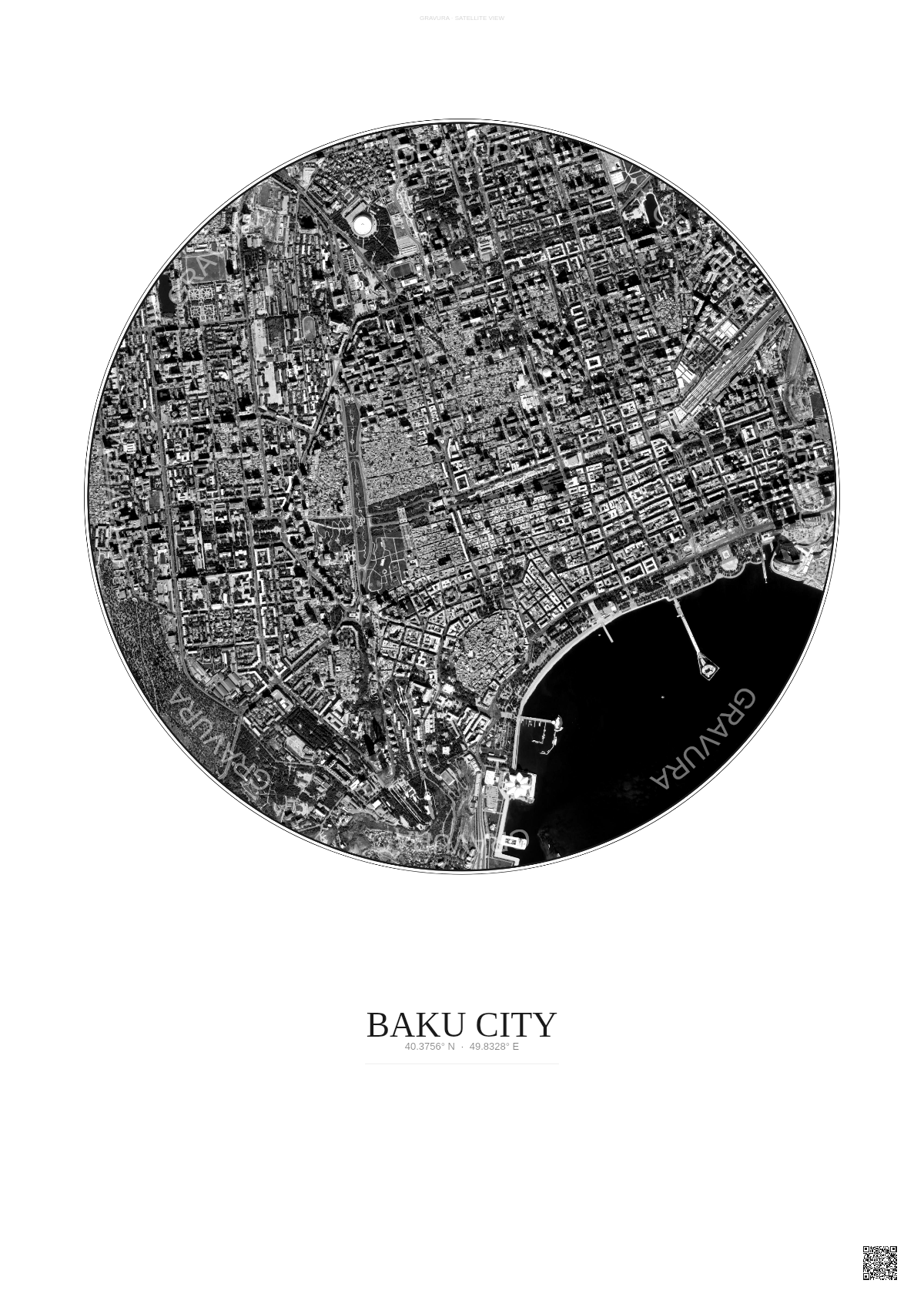 Affiche Baku City – Poster vue satellite | Gravura – Fond clair