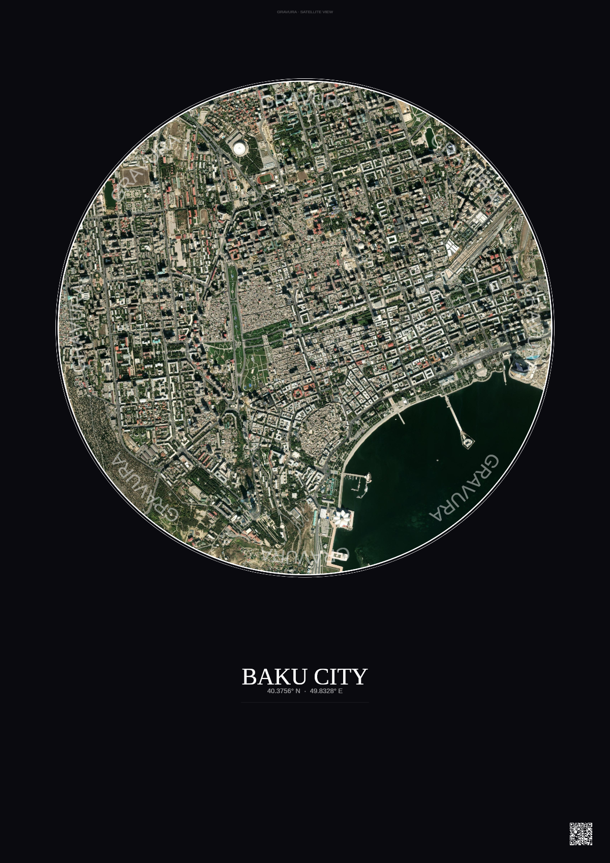 Affiche Baku City – Poster vue satellite | Gravura – Fond foncé