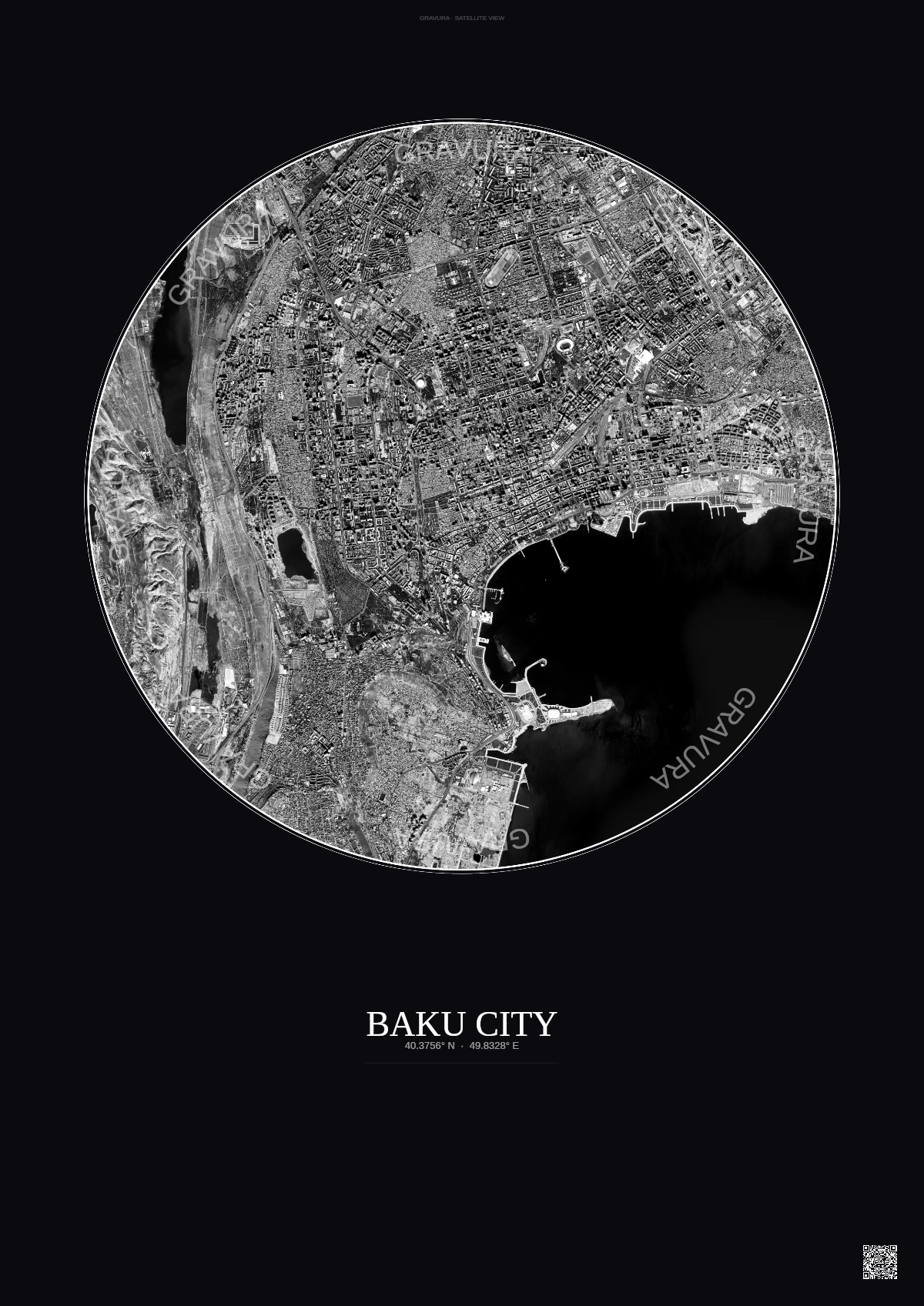 Affiche Baku City – Poster vue satellite | Gravura – Fond foncé