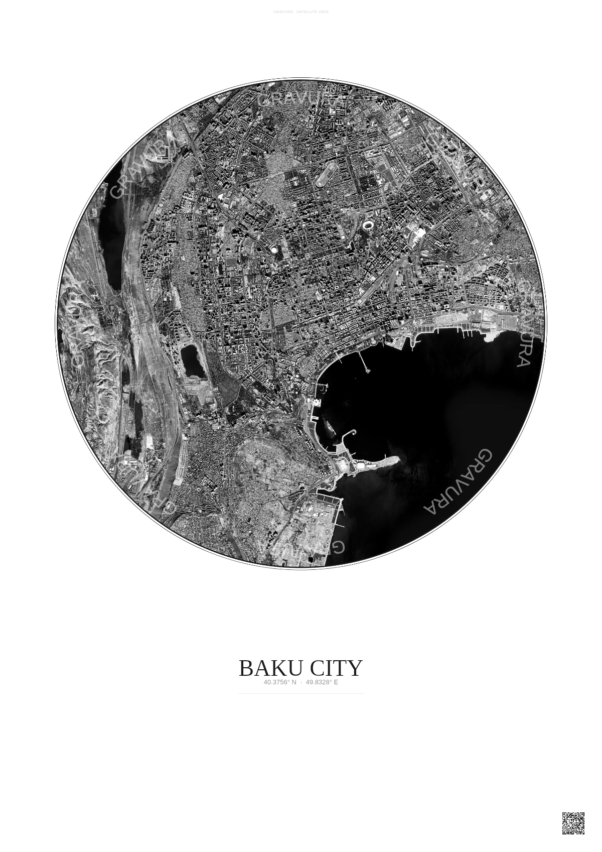Affiche Baku City – Poster vue satellite | Gravura – Fond clair