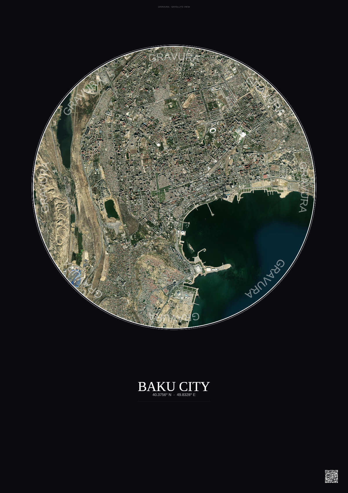 Affiche Baku City – Poster vue satellite | Gravura – Fond foncé