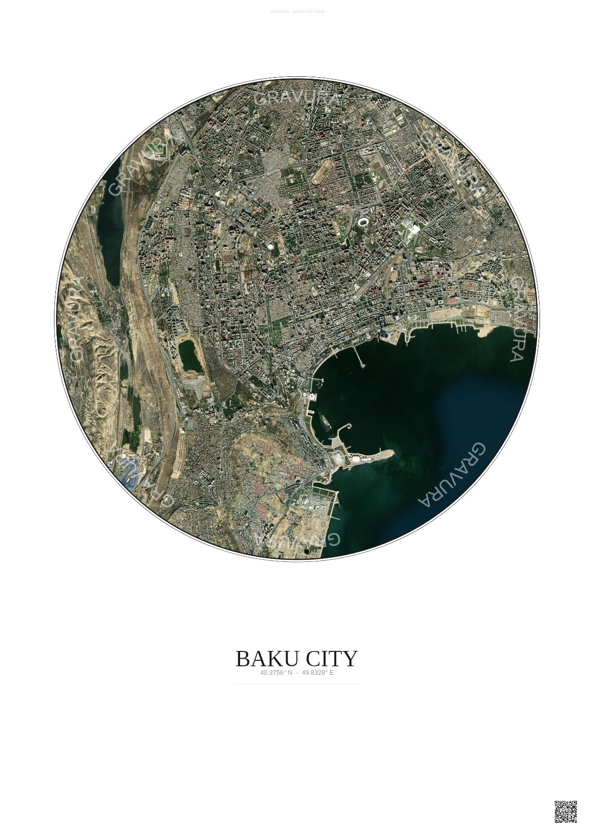 Affiche Baku City – Poster vue satellite | Gravura – Fond clair