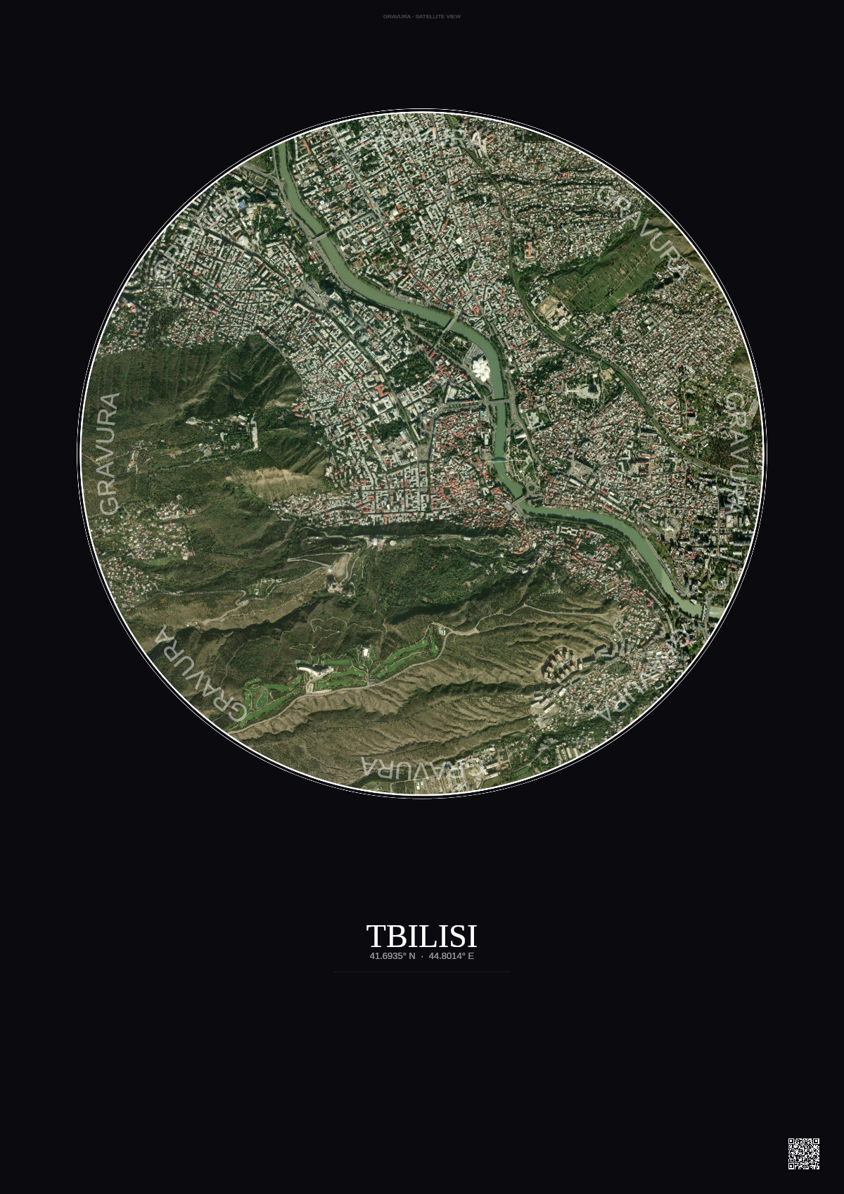 Affiche Tbilisi – Poster vue satellite | Gravura – Fond foncé
