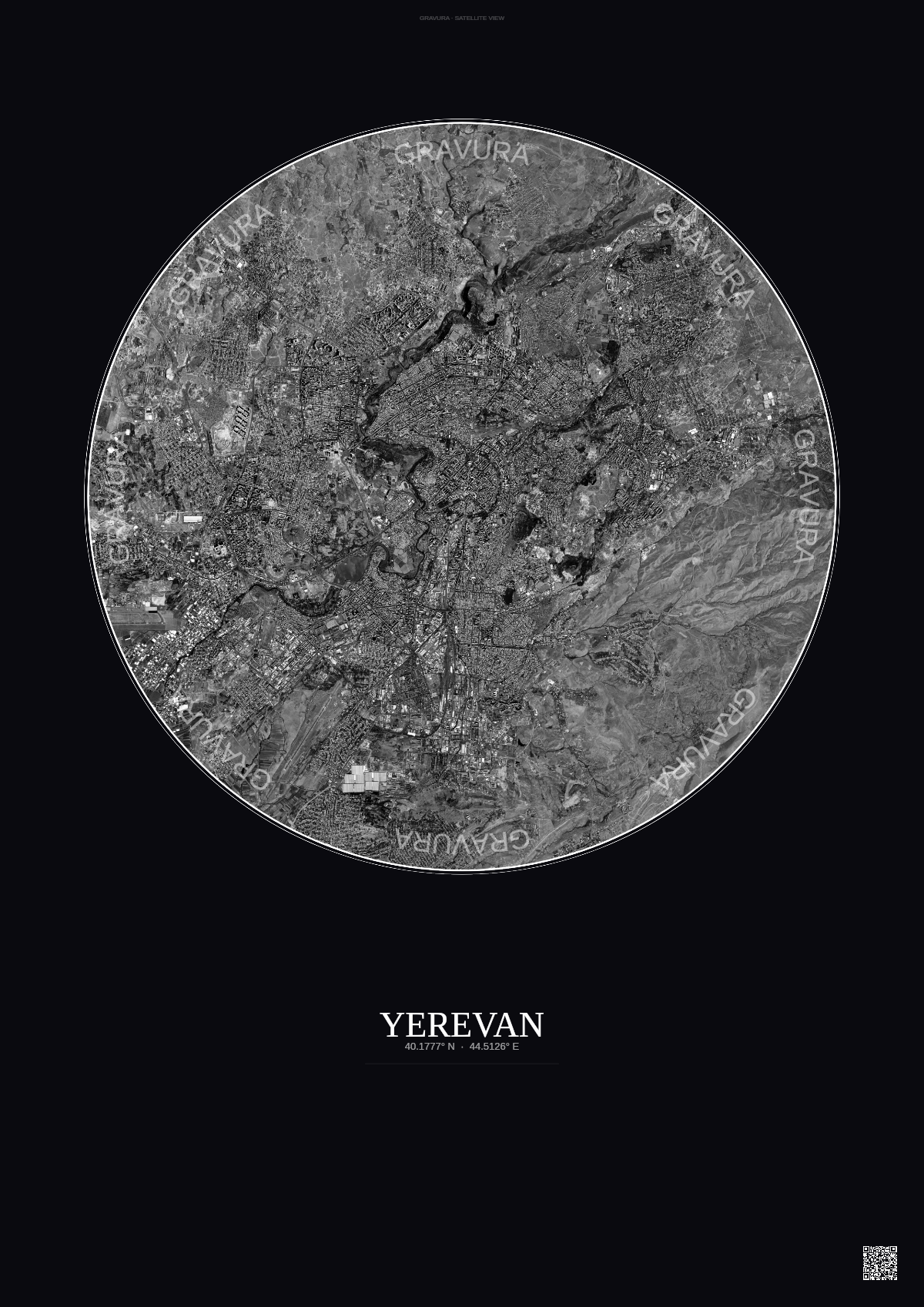 Affiche Yerevan – Poster vue satellite | Gravura – Fond foncé