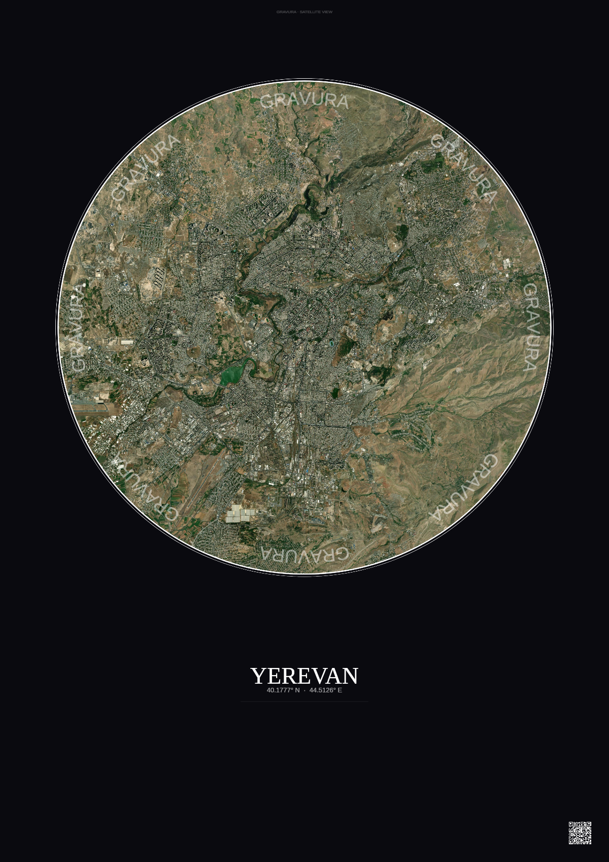 Affiche Yerevan – Poster vue satellite | Gravura – Fond foncé