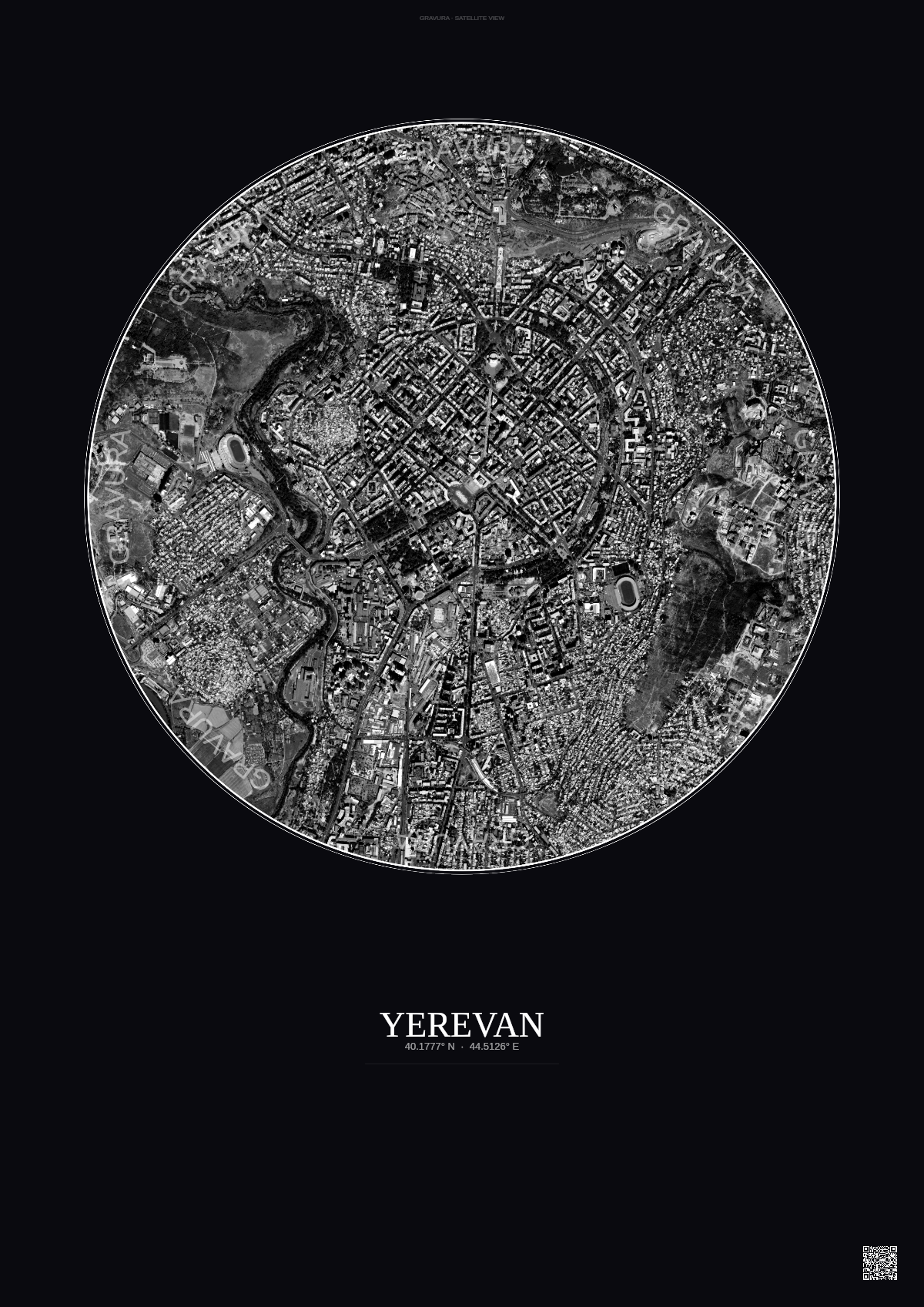 Affiche Yerevan – Poster vue satellite | Gravura – Fond foncé