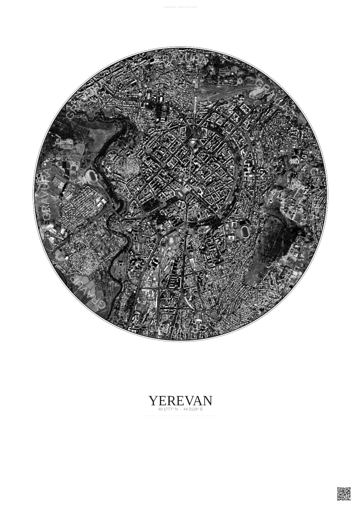Affiche Yerevan – Poster vue satellite | Gravura – Fond clair