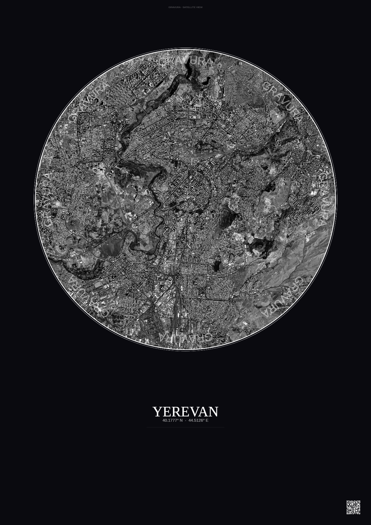 Affiche Yerevan – Poster vue satellite | Gravura – Fond foncé