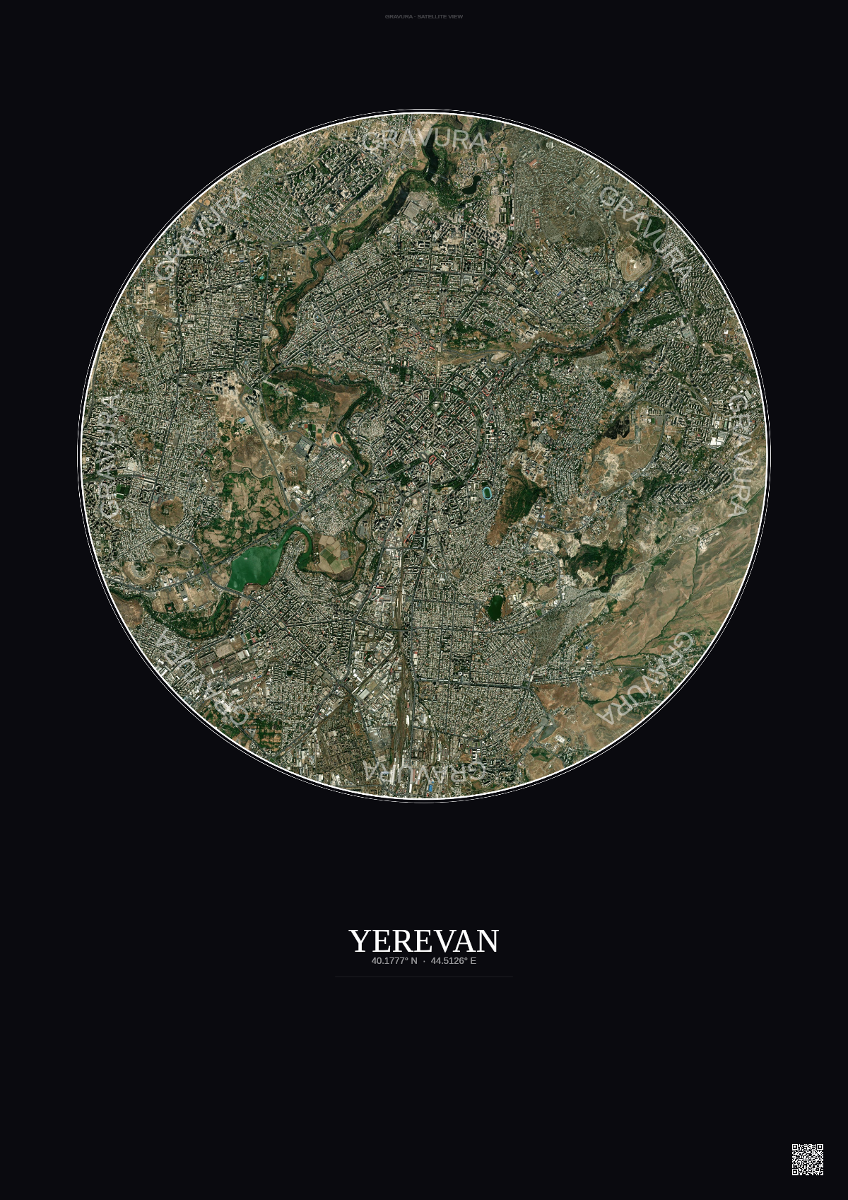 Affiche Yerevan – Poster vue satellite | Gravura – Fond foncé
