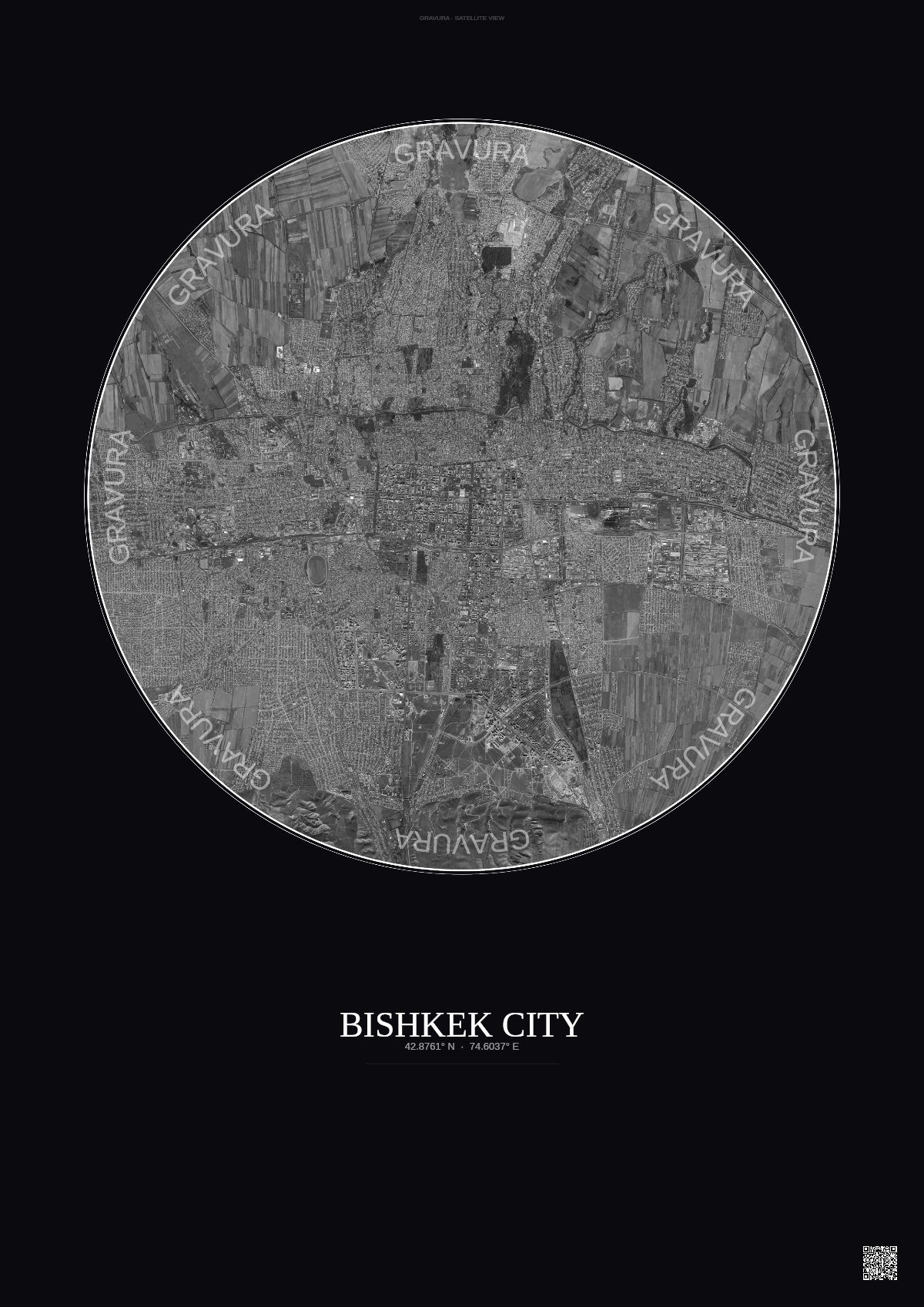 Affiche Bishkek City – Poster vue satellite | Gravura – Fond foncé