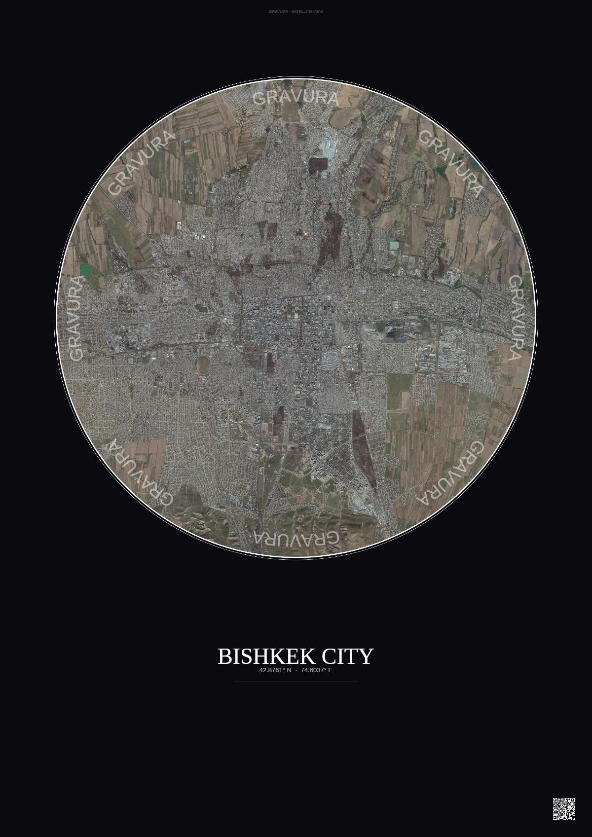 Affiche Bishkek City – Poster vue satellite | Gravura – Fond foncé