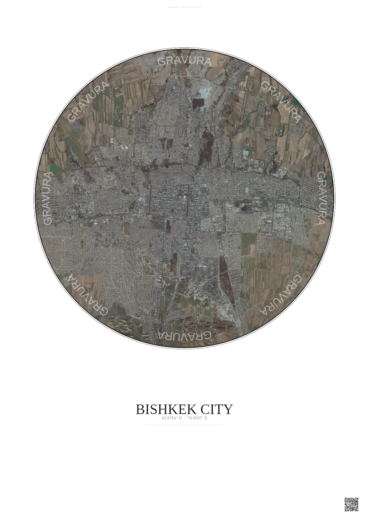 Affiche Bishkek City – Poster vue satellite | Gravura – Fond clair