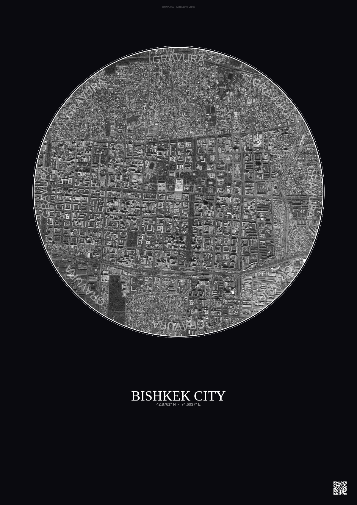 Affiche Bishkek City – Poster vue satellite | Gravura – Fond foncé