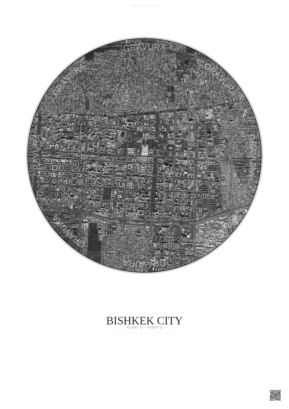Affiche Bishkek City – Poster vue satellite | Gravura – Fond clair