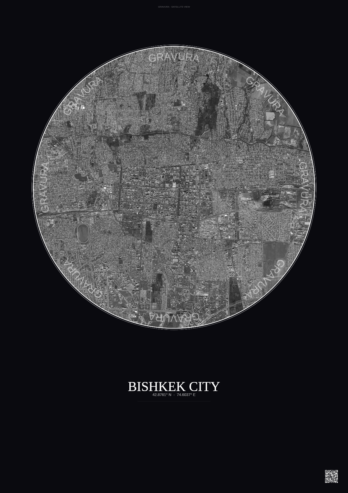 Affiche Bishkek City – Poster vue satellite | Gravura – Fond foncé