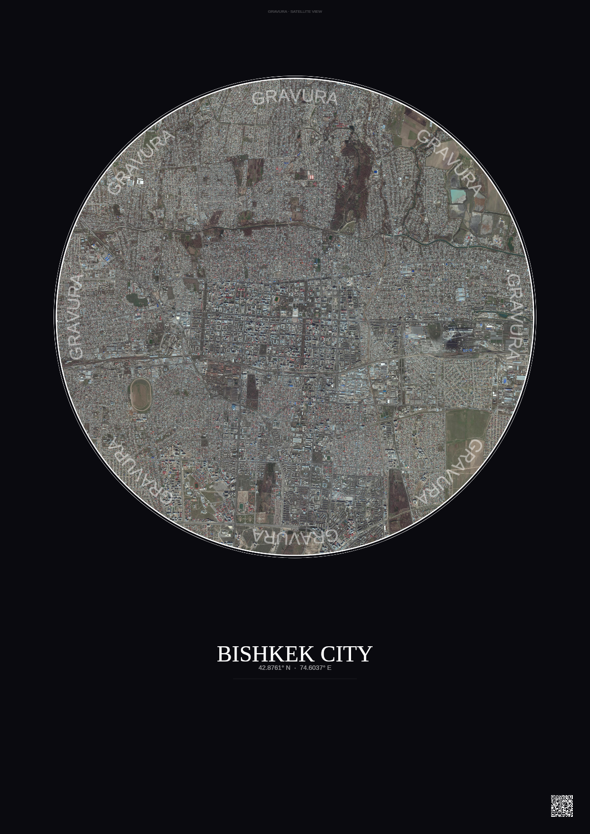 Affiche Bishkek City – Poster vue satellite | Gravura – Fond foncé