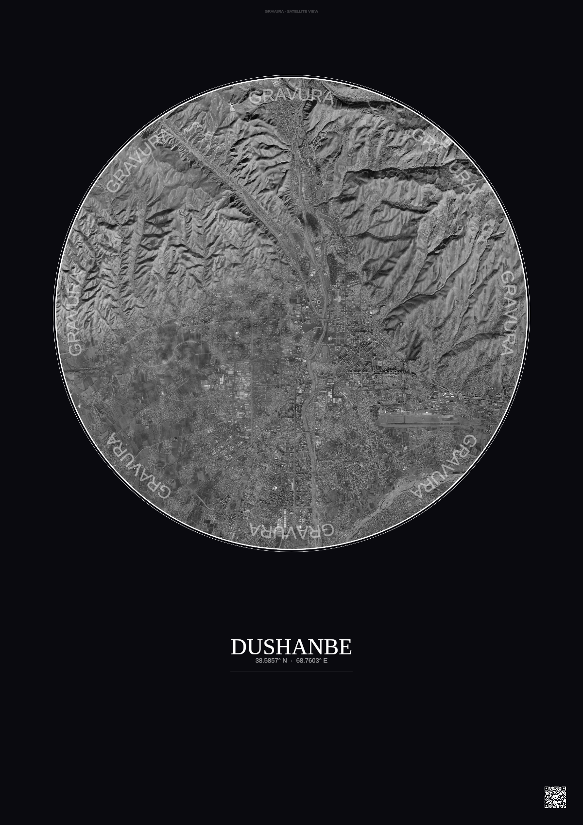 Affiche Dushanbe – Poster vue satellite | Gravura – Fond foncé