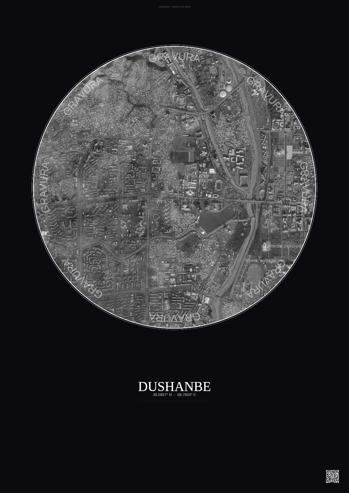 Affiche Dushanbe – Poster vue satellite | Gravura – Fond foncé