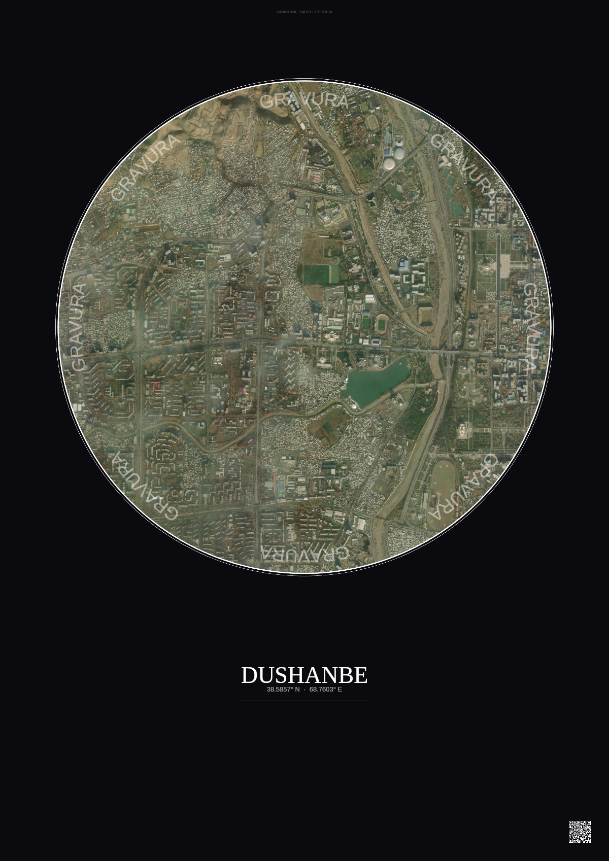 Affiche Dushanbe – Poster vue satellite | Gravura – Fond foncé