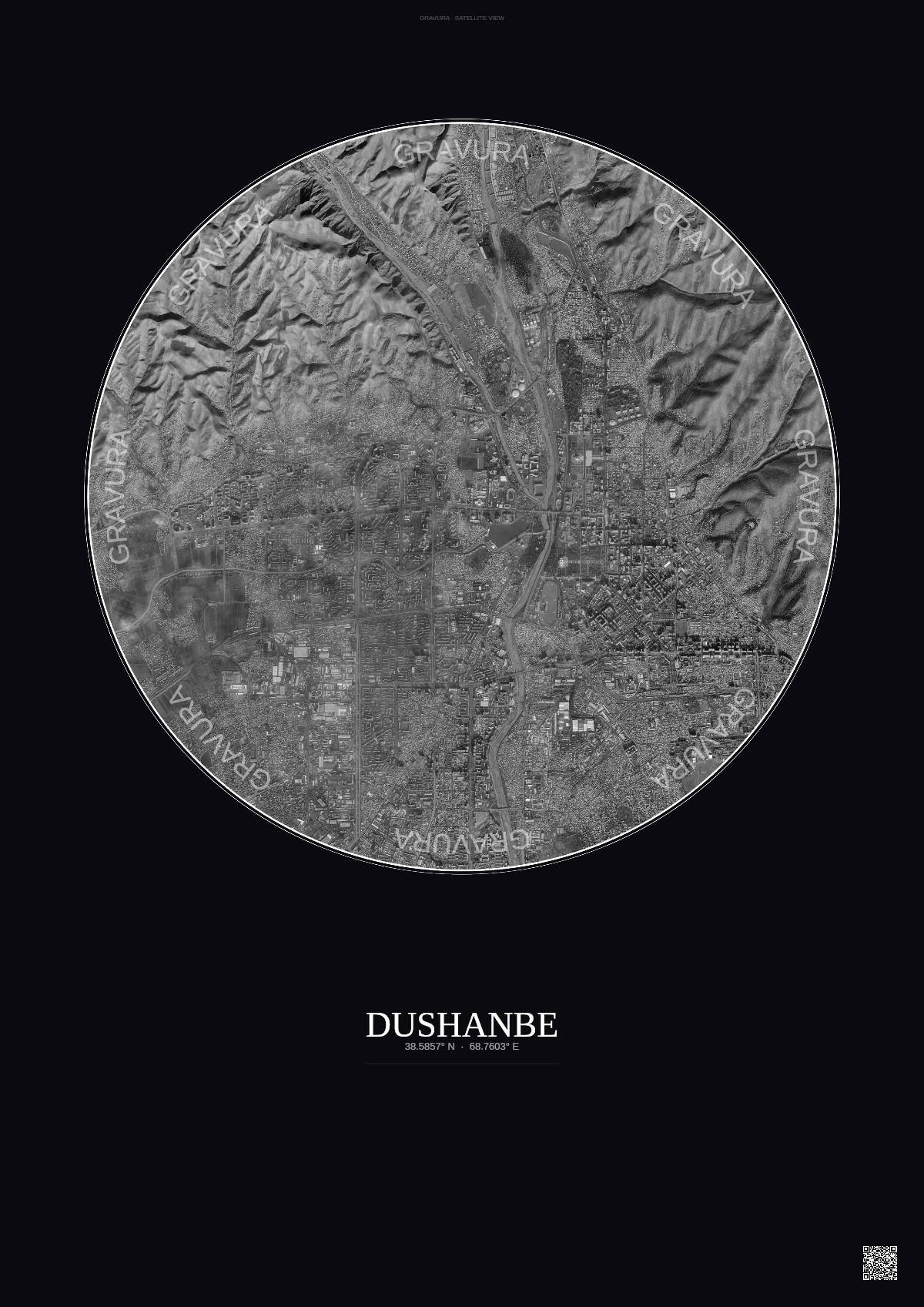 Affiche Dushanbe – Poster vue satellite | Gravura – Fond foncé